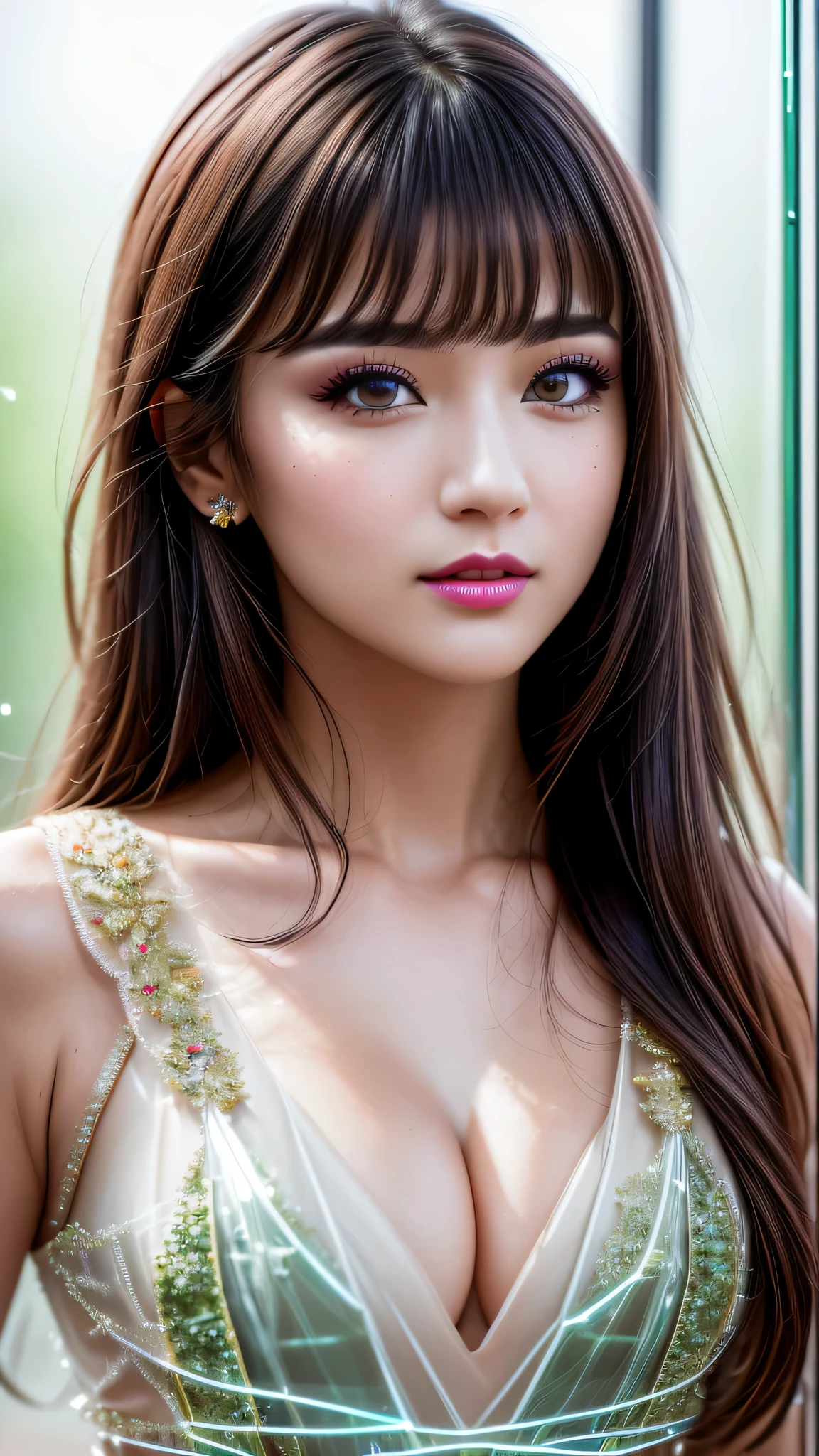 Ultra-realistic、 ultra-detailed、 最high quality、 8K、highest level、 The ultra -The high-definition、(Super beautiful detailed face:1.75)、(detailed eyes:1.6)、(detailed lips:1.4)、(super Detailed nose:1.2)、cinematic lighting、((anatomically correct))、((cleavage))、(I encourage you to choose a subdued and perfectly coordinated background for your phenomenal, diverse random creation)、(Use any technique of combining materials、 natural、 ((glass dress:1.25))、 and fantasy magic, any style、 any outfit、 choose eyes color、 ((hair is a different color than eyes))、 dynamic random fancy, professional hairstyles)、 1girl:1.4 20years old、fashion supermodel、real:1.7、photorealistic:1.7、(very delicate and beautiful、fine details:1.2)、(masterpiece)、 最high quality、 (high quality)、 ((absurdres))、 ((ultra sharp fous))、(Glamour, paparazzi taking pictures of her)、 contrast、 ((Ultraviolet stroboscopic lightning strike:1.23))、red_lipstick:1.35、((perfect round eyes))、((glowing glass:1.45))、(matte skin:1.45)、((upper body shot))、(lighting_makeup:1.26)