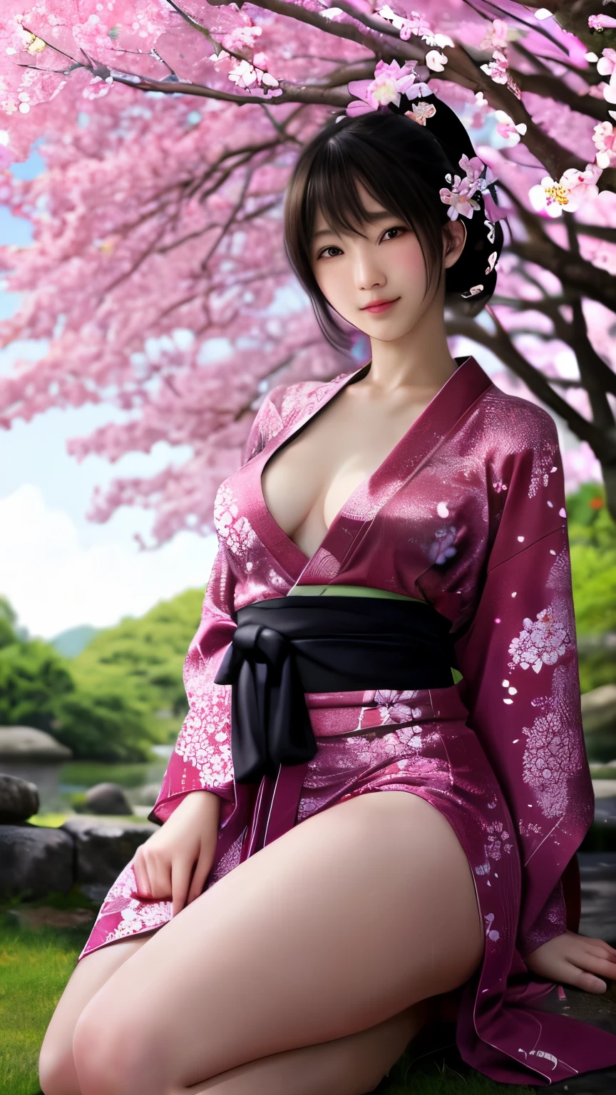 最high quality、high quality、best image quality、8K、最High resolution、High resolution、最high quality、masterpiece、Realistic human body with detailed details、Realistic skin in every detail、Realistic face in every detail、Realistic eyes in every detail、Realistic lips in every detail、Realistic teeth in every detail、Realistic ears with attention to detail、Realistic hair with detailed details、Realistic arms with attention to detail、Realistic hands with attention to detail、Realistic fingers with attention to detail、(fine hands、thumb1reference4)、Realistic legs with attention to detail、Realistic feet with attention to detail、((beautiful japanese girl))、(japanese model), (japanese woman)、((18 year old beautiful girl))、(black hair)、(straight hair)、((whole body))、((Beautiful breasts directed upwards、Medium chest))、(slim style、slender style)、(whole body光沢肌、Fair skin)、Detailed and realistic human body、detailed realistic skin、detailed realistic face、detailed realistic arms、Detailed realistic fingers、Detailed realistic feet、soft natural light、samurai kimono、maiko kimono、servant、geisha kimono、japanese kimono、Furisode、kimono、Yukata、japanese traditional、Samurai Residence、Japanese garden、((colorful transparent see-through(flowery kimono、Hakama with side slits))、((Under the cherry blossom tree in full bloom(Poses that make your thighs look sexy))
