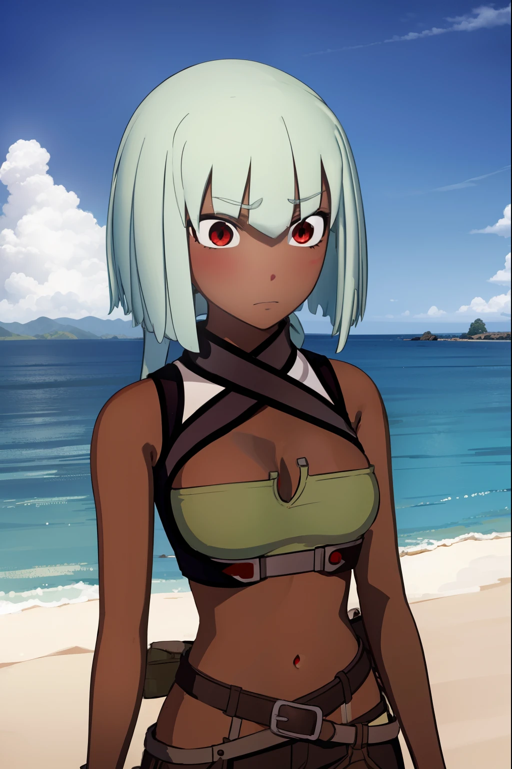 emeraldsustrai, emerald sustrai, short hair, (red eyes:1.5), green hair, dark skin, dark-skinned female,
BREAK navel, cleavage, midriff, belt, cleavage cutout, chaps,
BREAK outdoors, cloud, sky, sun,
BREAK looking at viewer,
BREAK