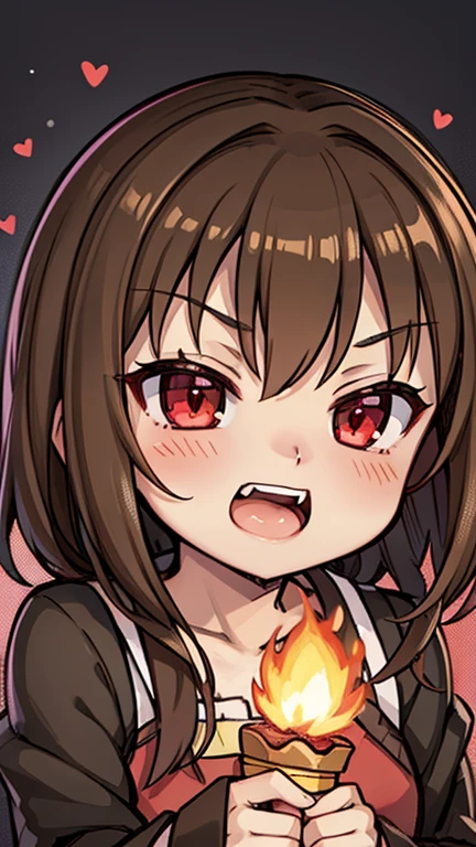 (SFW:1.5),(Small breasts:1.3),beautiful, masterpiece, Highest quality, anime, 1 Female, alone, look at viewer, Intricate details, (Shining Eyes:1.3),(Beautifully detailed eyes:1.1),(Eyes are bright red:1.5),(short hair:1.5),(sidelocks:1.4),(Demon horns on head:1.5),(Brown Hair:1.5), (slant eyes), Cheerful eyes,(Mouth wide open and fangs:1.3),(t-shirt:1),(jeans:1),(Sharp focus:1.2),from front,(light smile:1),(upper body),aggressive,(fighting stance:1),