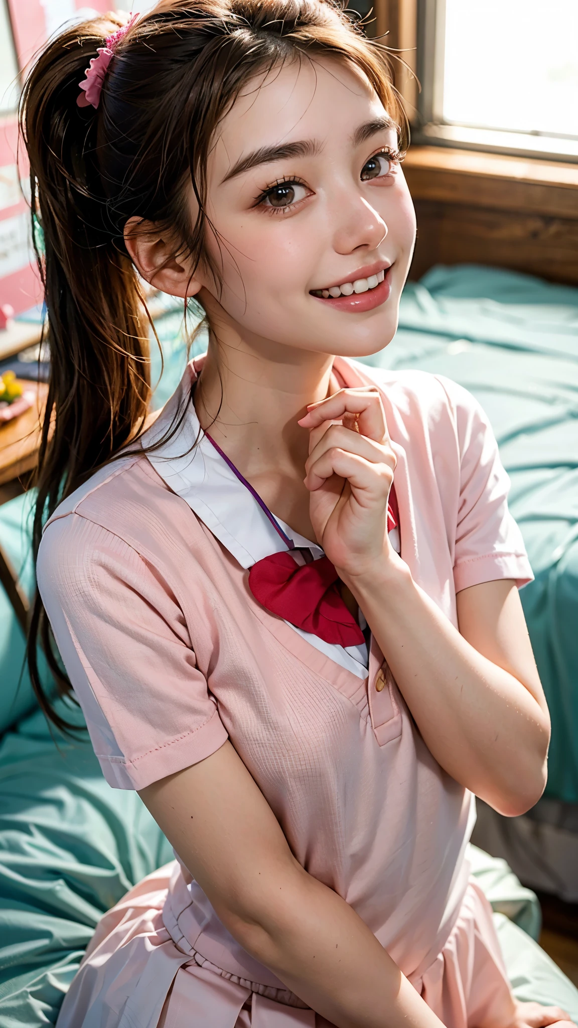 highest quality, masterpiece, ultra high resolution, (realistic:1.4), (close portrait) Raw photo, 1 girl, 18-year-old,((school uniform)),((Hold out Valentine's Day chocolates to the viewer with both hands.)),((Looking up at the viewer)),(blush),masterpiece, realistic pictures, saturation, contrast, ((small breasts)),((smiling showing teeth)),Ponytail and scrunchie