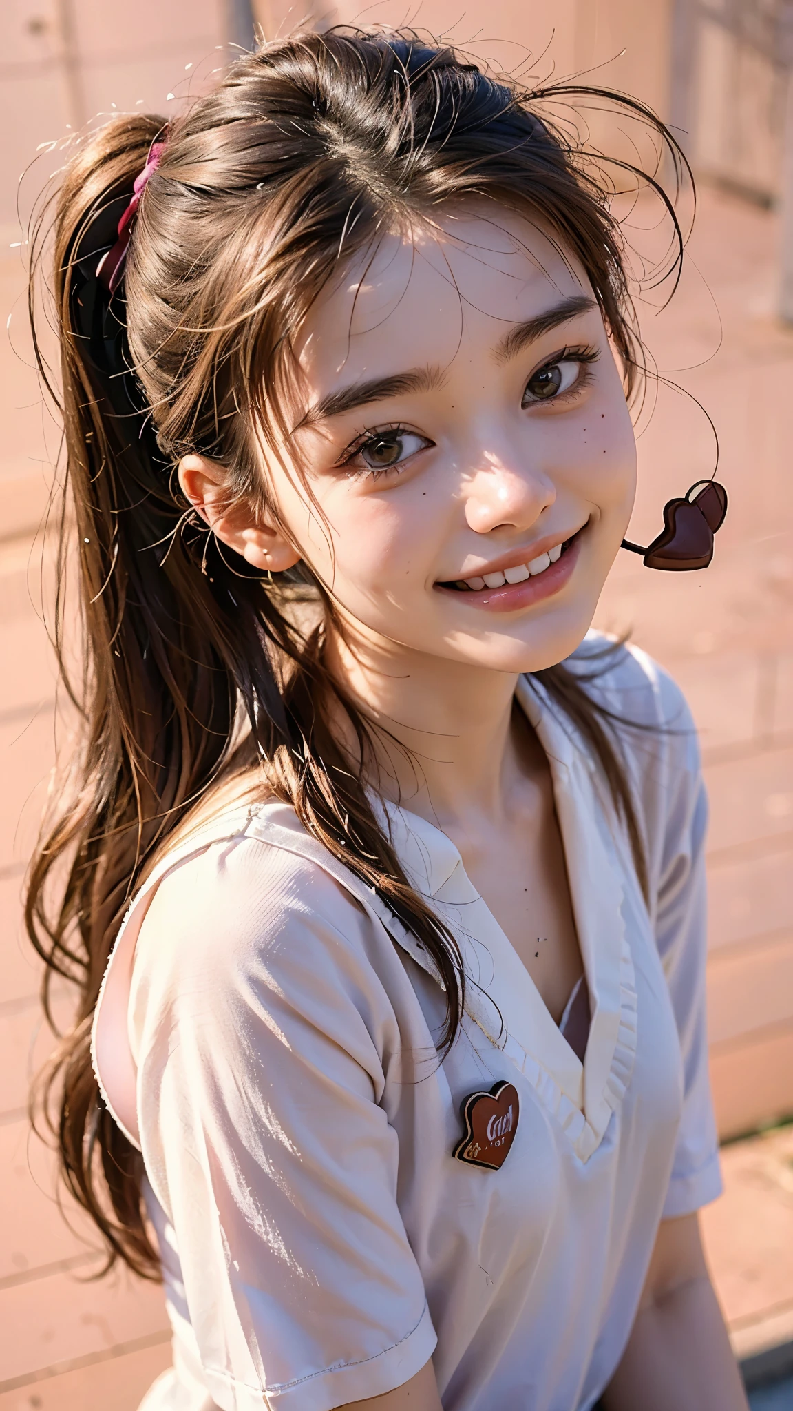 highest quality, masterpiece, ultra high resolution, (realistic:1.4), (close portrait) Raw photo, 1 girl, 18-year-old,((school uniform)),((Hold out Valentine's Day chocolates to the viewer with both hands.)),((Looking up at the viewer)),(blush),masterpiece, realistic pictures, saturation, contrast, ((small breasts)),((smiling showing teeth)),Ponytail and scrunchie