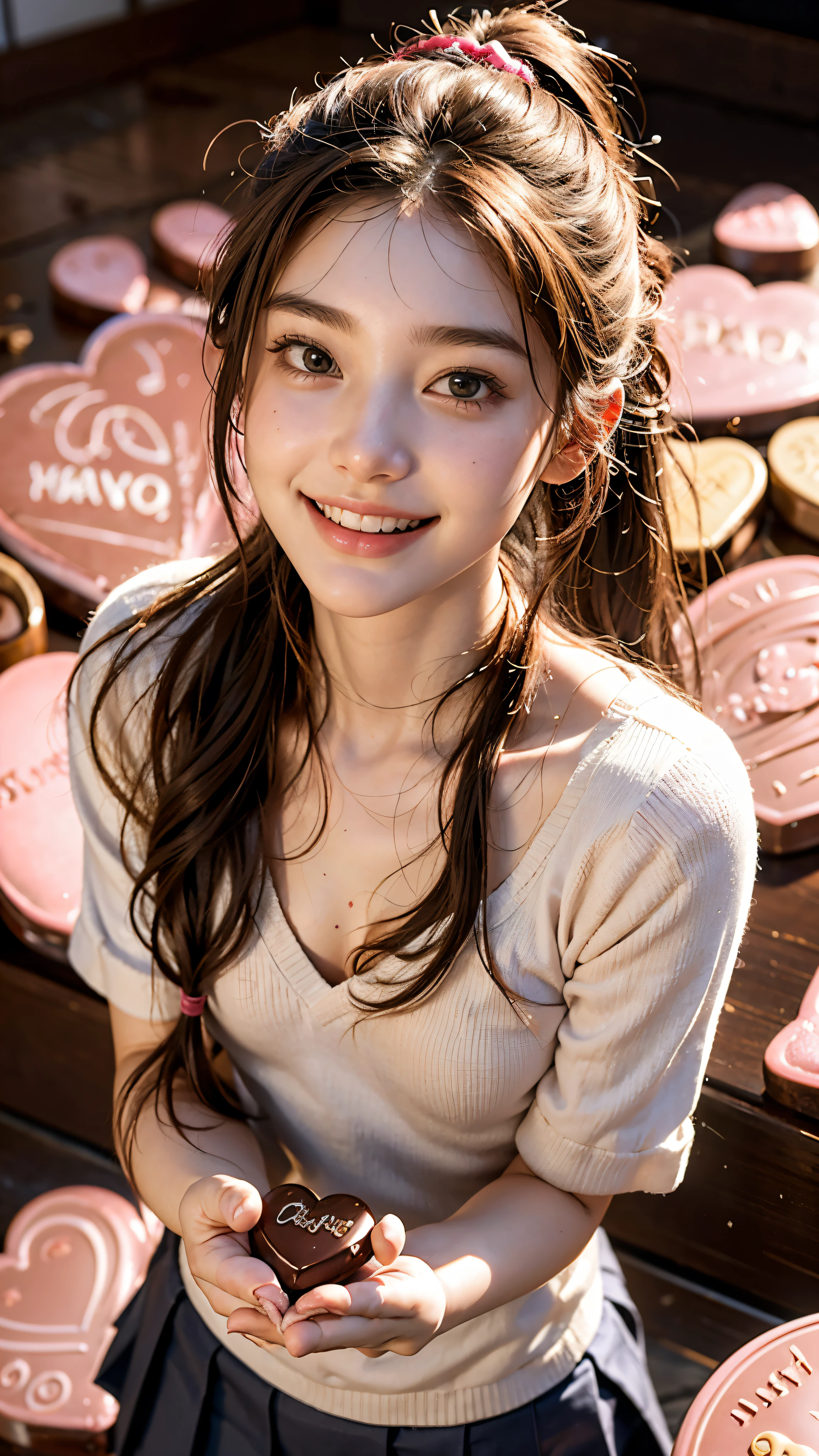 highest quality, masterpiece, ultra high resolution, (realistic:1.4), (close portrait) RAW photo, 1 girl, 18-year-old,((school uniform)),((wait for valentine'S day chocolate to the viewer with both hands.)),((looking up at the viewer)),(blush),masterpiece, realistic pictures, saturation, contrast, ((small breasts)),((smile showing teeth)),Ponytail and scrunchie