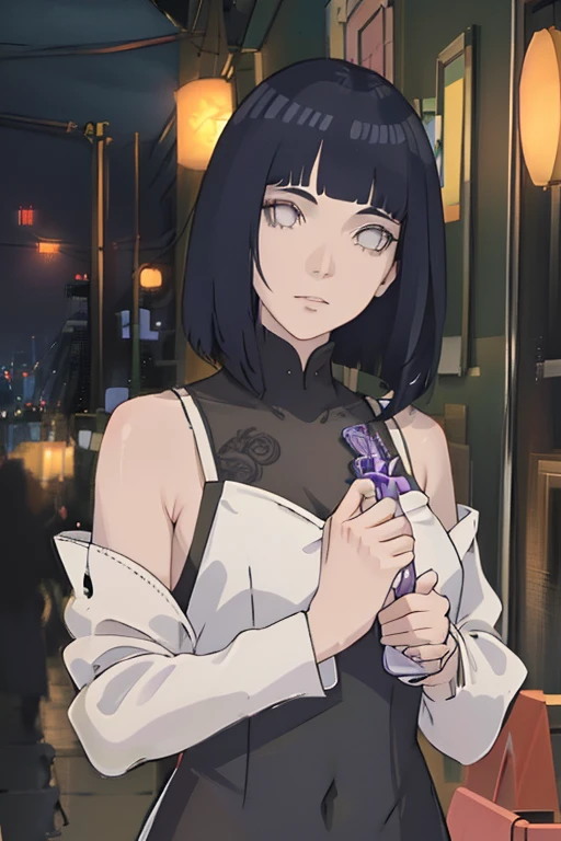 (exquisitely detailed CG, best quality, best lighting), an alluring woman in a black short dress with breathtaking purple eyes, standing tall with black hair, gazing over the stunning Tokyo skyline at night, masterpiece,best quality,ultra-detailed,very detailed illustrations,extremely detailed,intricate details,highres,super complex details,extremely detailed 8k cg wallpaper, caustics,reflection,ray tracing, 1girl:1.4), solo, alone,neon lights, detailed background, ((masterpiece)), absurdres, HDR, (Classic headshot pose), extremely detailed 8K wallpaper,cyberpunk city,masterpiece,highres,detailed manga illustration,