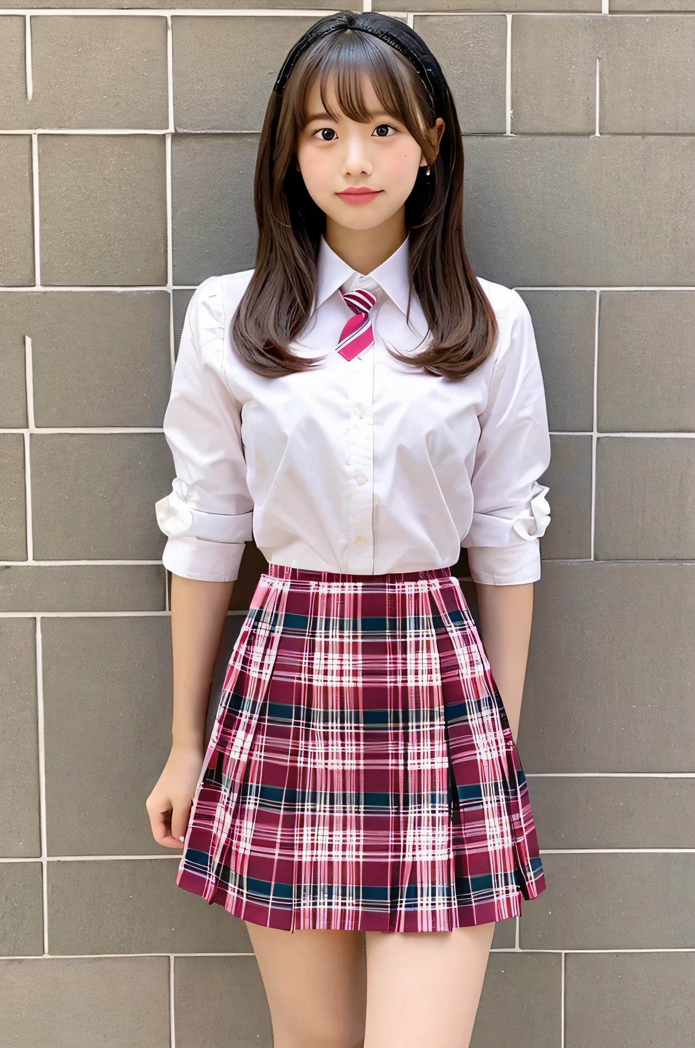 super mini skirt(red and pink plaid)18 year old high school girl wearing a tie and white shirt.