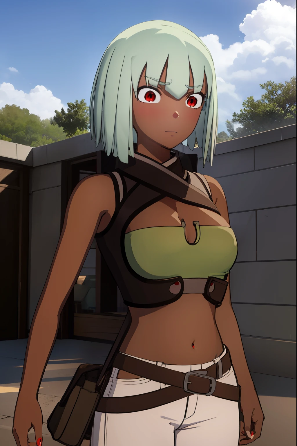 emeraldsustrai, emerald sustrai, short hair, (red eyes:1.5), green hair, dark skin, dark-skinned female,
BREAK navel, cleavage, midriff, belt, cleavage cutout, chaps,
BREAK outdoors, cloud, sky, sun,
BREAK looking at viewer,
BREAK 