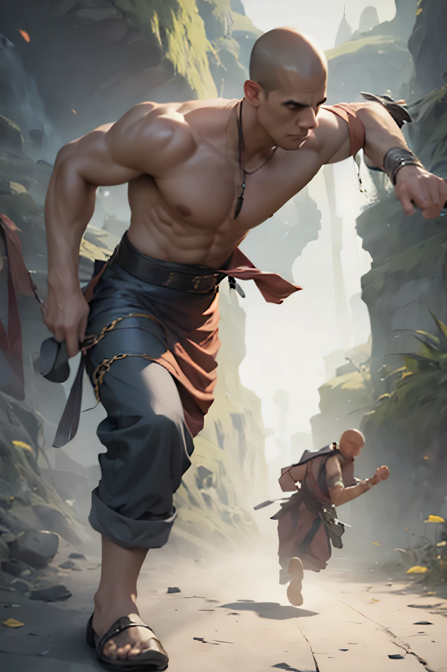 (ultra detalhado, obra de arte, realista, photorealista), homem, monge, Sem camisa, grande cicatriz preta de queimadura no peito direito, bands on hands, cinto de pano preto, blue silk pants, monge shoes, deliver a blow with the palm of the hand open forward