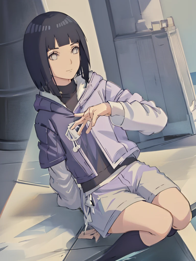 ((top quality)), ((masterpiece)), ((super detail)), (very delicate and beautiful), girl, solo, cold demeanor, ((black jacket)), she looks very (relaxed) and (calm), black hair, depth of field, evil smile, stirrups, underwater, air bubble, light purple eyes, light puple hair and dark blue tips inner color with, cold background, bobbed hair - linear art, shorts, knee high socks, oversized white hoodie, light blue ribbon tie, clothing transparent, hands in pockets