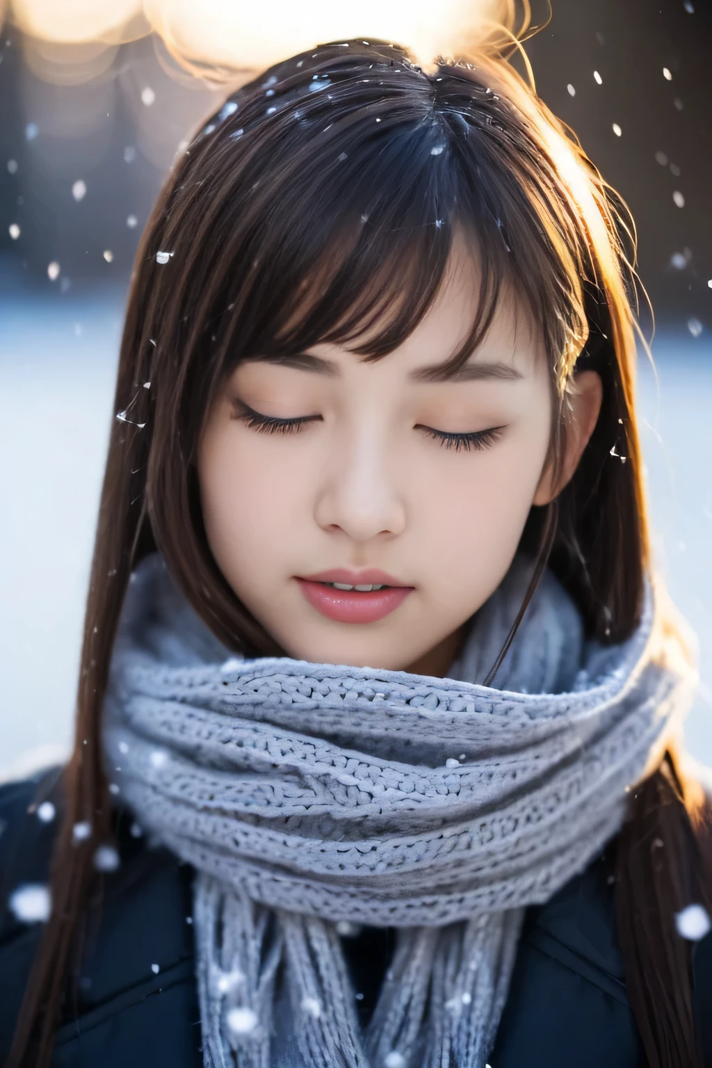 ((no makeup、close your eyes、close your mouth:1.2))、(realistic、Photoreal、Super detailed、best detailed skins、highest quality、masterpiece、ultra high resolution)、cute japanese woman、17 years old、high school girl、young girl、1 girl、have bangs、double eyelid、drooling eyes、Japanese style face、purity、double teeth、realistic肌タイプ、thick muffler、Grey muffler、fluffy hair、((hair is inside the scarf:1.3))、red cheeks、the wind is blowing、that&#39;It&#39;s snowing、night、illumination、Light is coming in from behind