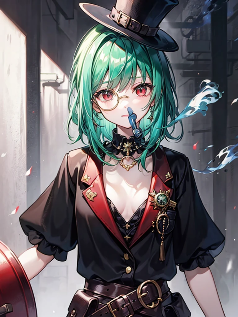 （（（masterpiece、Highest image quality、highest quality、highly detailed unity 8ｋwallpaper）））、（（Illustration of one girl、upper body））、（（（beautiful girl）））、（Emerald green hair、messy hair、sidelocks：1.2、red eyes、crazy smile）、（（（flat chest）））、（（（monocle）））、pocket watch、（（（Black top hat、Black tuxedo、belt、Smoke pipes）））