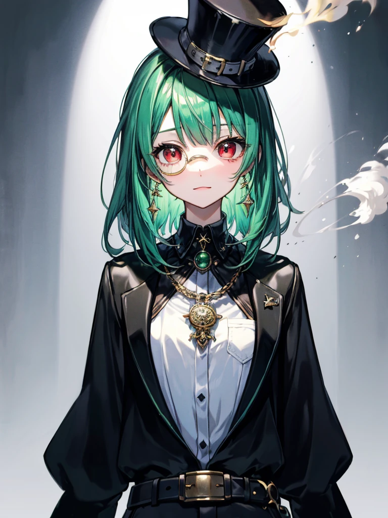 (((masterpiece、Highest image quality、highest quality、highly detailed unity 8kwallpaper)))、((Illustration of one girl、upper body))、(((beautiful girl)))、(Emerald green hair、messy hair、sidelocks:1.2、red eyes、crazy smile)、(((flat chest)))、(((monocle)))、pocket watch、(((Black top hat、Black tuxedo、belt、Smoke pipes)))