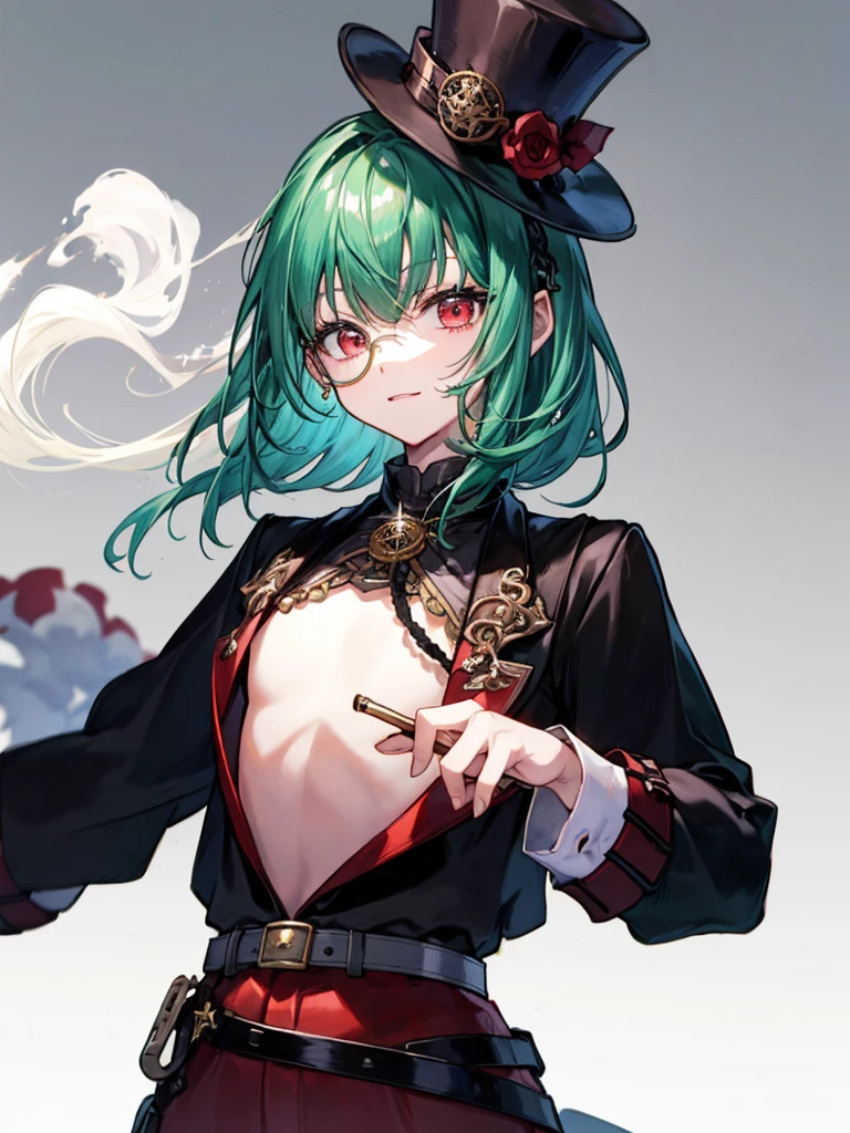 (((masterpiece、Highest image quality、highest quality、highly detailed unity 8kwallpaper)))、((Illustration of one girl、upper body))、(((beautiful girl)))、(Emerald green hair、messy hair、sidelocks:1.2、red eyes、crazy smile)、(((flat chest)))、(((monocle)))、pocket watch、(((Black top hat、Black tuxedo、belt、Smoke pipes)))