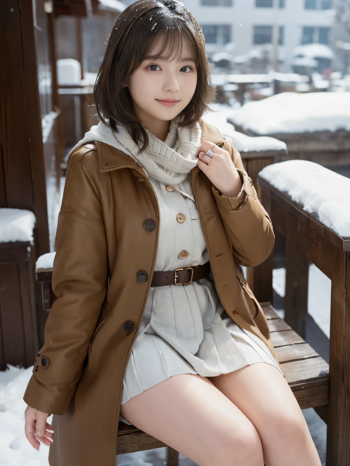 (highest quality, 4K, High resolution, table top:1.2), super detailed, realistic:1.37, beautiful and fine eyes, beautiful detailed lips, highly detailed eyes and face, long eyelashes, down coat, mini pleated skirt、 innocent smile, rosy cheeks, station platform, baby-faced girl, thighs thighs thighs, lively atmosphere、snow scene、short cut hair、爆笑