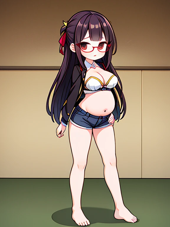 (Very high quality, detailed) An image of a full body pregnant girl with a round belly, long hair, very big breasts and a huge ass. She's standing barefoot with her hands on her belly. She's wearing a crop top, very thight shorts and glasses.