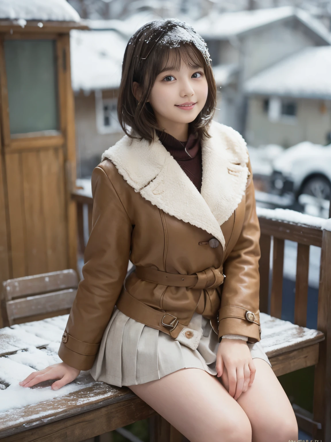 (highest quality, 4K, High resolution, table top:1.2), super detailed, realistic:1.37, beautiful and fine eyes, beautiful detailed lips, highly detailed eyes and face, long eyelashes, down coat, mini pleated skirt、 innocent smile, rosy cheeks, station platform, -facel, thighs thighs thighs, lively atmosphere、snow scene、short cut hair