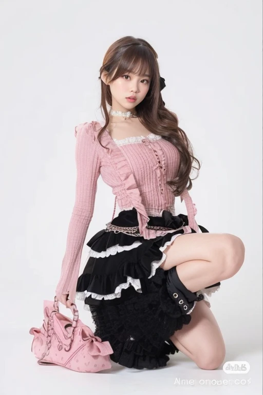 a close up of a woman in a Rosa top and black skirt, lechuguillay outfit, bella delfina, estilo ta, moda lolivictorian gothic moda lolita, co ruffle dress, lechuguilla, fantasy costume, Rosa and black, Rosa, lechuguillas, hermosa criada, Anime Girl Cosplay, traje de mucama, black white Rosa, retrato de chica lolita radic
