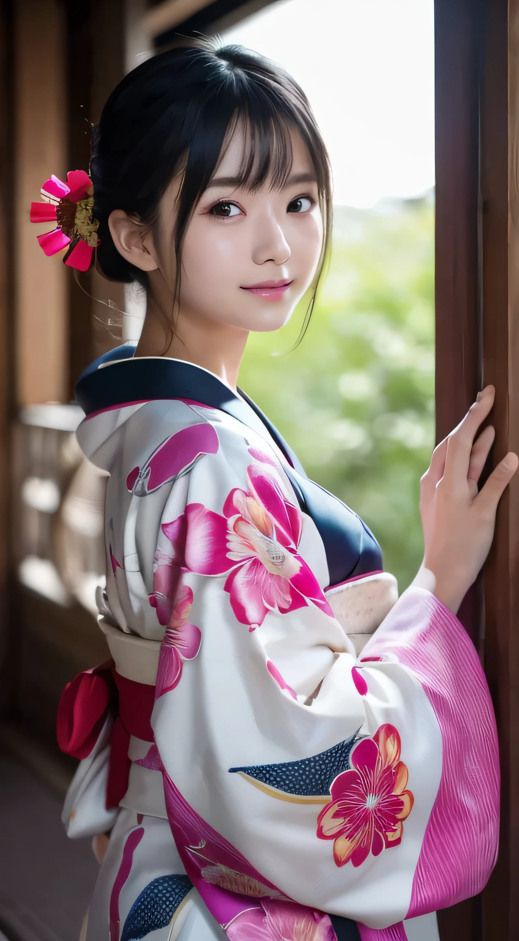 (kimono)、((15 years old))、random pose、(highest quality,masterpiece:1.3,ultra high resolution,),(Super detailed,caustics),(realistic:1.4,RAW shooting,)ultra-realistic capture,very detailed,High resolution 16K close-up of human skin、 Natural skin texture、、Skin tone looks even and healthy、 Use natural light and color,1 girl,Japanese,,hip line, cute,black hair,medium hair,,smile,,(written boundary depth、chromatic aberration、、wide range of lighting、natural shading、)、Please pay attention to your butt,