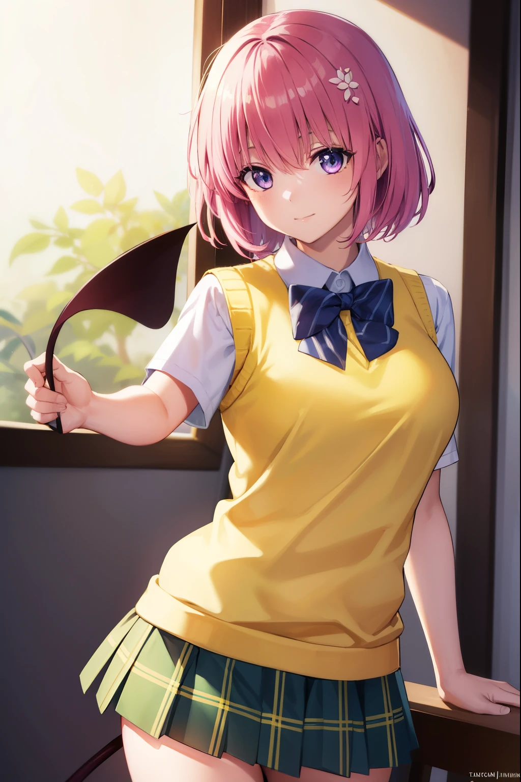 momodevilluke, momo deviluke, demon tail, hair flower, hair ornament, (purple eyes:1.1), pink hair, short hair, tail, smile,
BREAK demon tail, green skirt, plaid, plaid skirt, sainan high school uniform, school uniform, skirt, sweater vest, thighhighs, (yellow sweater:1.5), short sleeves, bow, green bow,
BREAK indoors, classroom,
BREAK looking at viewer, (cowboy shot:1.5),
BREAK (masterpiece:1.2), best quality, high resolution, unity 8k wallpaper, (illustration:0.8), (beautiful detailed eyes:1.6), extremely detailed face, perfect lighting, extremely detailed CG, (perfect hands, perfect anatomy),