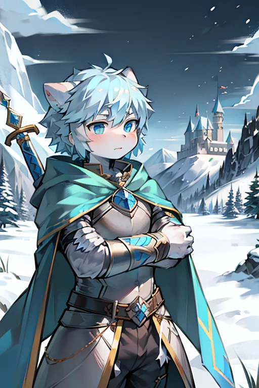 Aqua blue pupils,wearing armor,snow,Holding a long sword,暴风snow,carrying a long sword,Mountain,fluttering cloak,远方的castle,silver armor,Saber at the waist,cloud,violent storms,holding sword,Blue longsword,Knife in waist,Serious expression,骑士holding sword,Blue longsword,Shota,firm eyes,castle