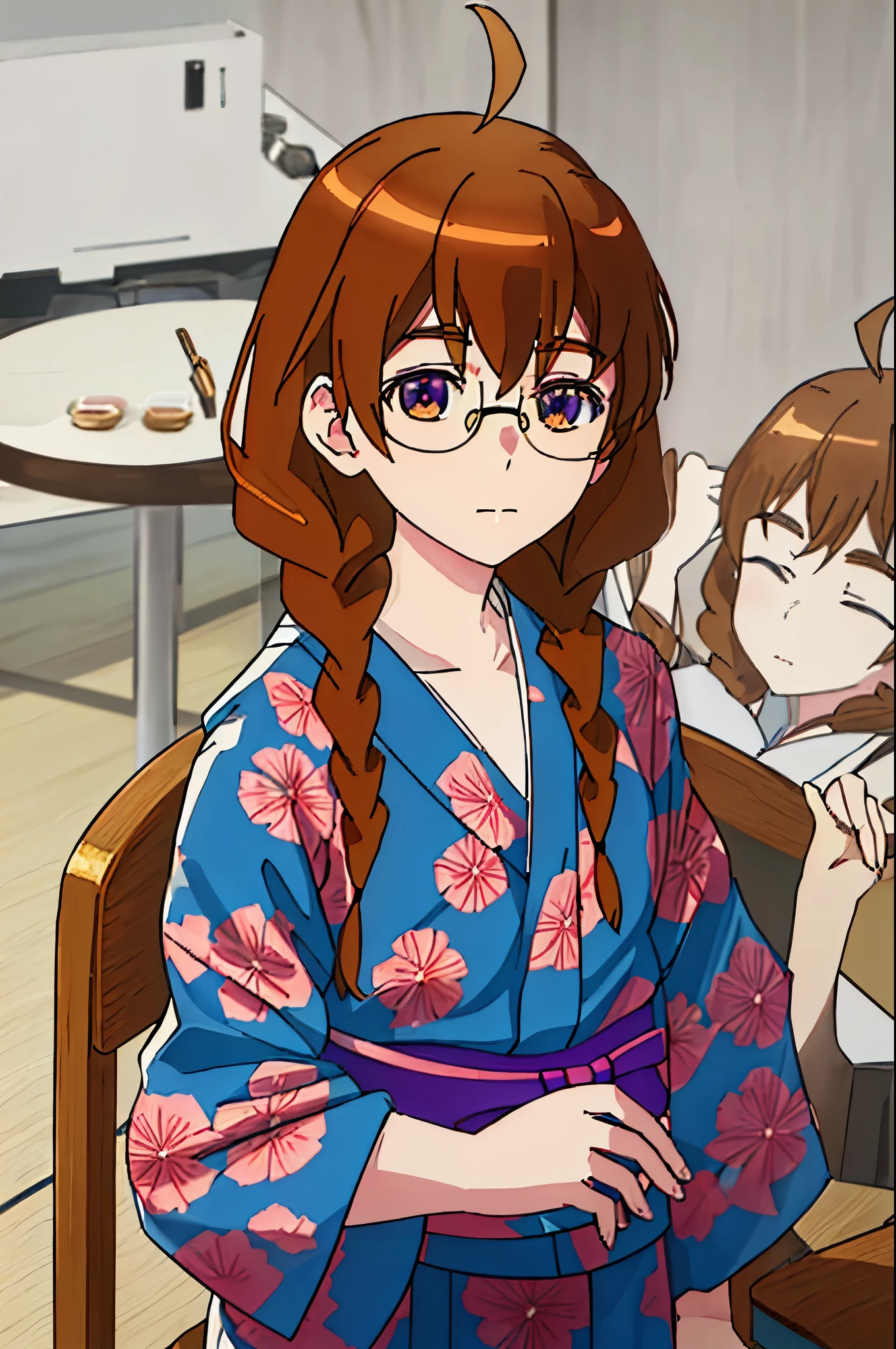highest quality, masterpiece, High resolution, alone, {Yukata:1.40}, {kimono:1.20}, {Sekine_Each of the four people lie:1.15}, Brown_hair, Glasses, Braid, twin_Braids, length_hair, Ahoge, purple_eye, serafuku, Brown_eye