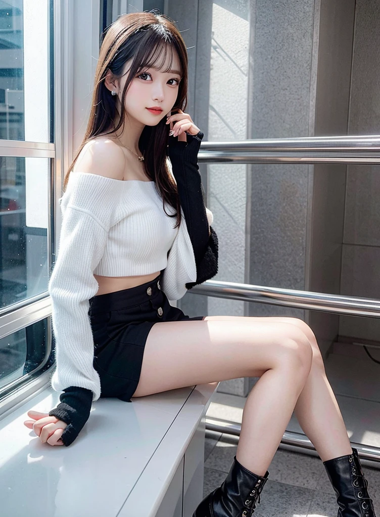 (8K, RAW photo:1.2)detailed face and eyes,highest quality, ultra high resolution, very detailed ,intricate details ,pieces fly ,pretty girl, soft light like a movie, hyper detail,sharp focus on breasts, (beautiful black hair), (long hair), (white knit off shoulder)、⦅mini skirt⦆、(sitting)(black long boots)(two arms and two legs)(slightly open legs)