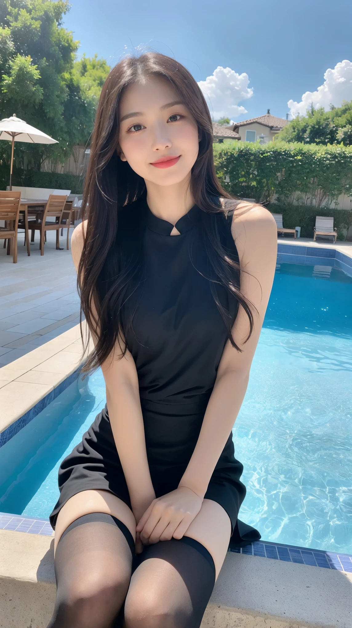 (top quality, 8k, masterpiece:1.3)), A pretty maiden，pure，oval face，Gentle and cute，sweet smile，pure，thin body，(Street)，looking directly into the camera，black stockings, inner strength, formal，Black silky long, layered long hair，Long hair spread over shoulders，big deal, round, black eyes，clear big eyes，Hydrated red lips，Sweet，Sitting next to the pool，blue sky白云，blue sky，stand