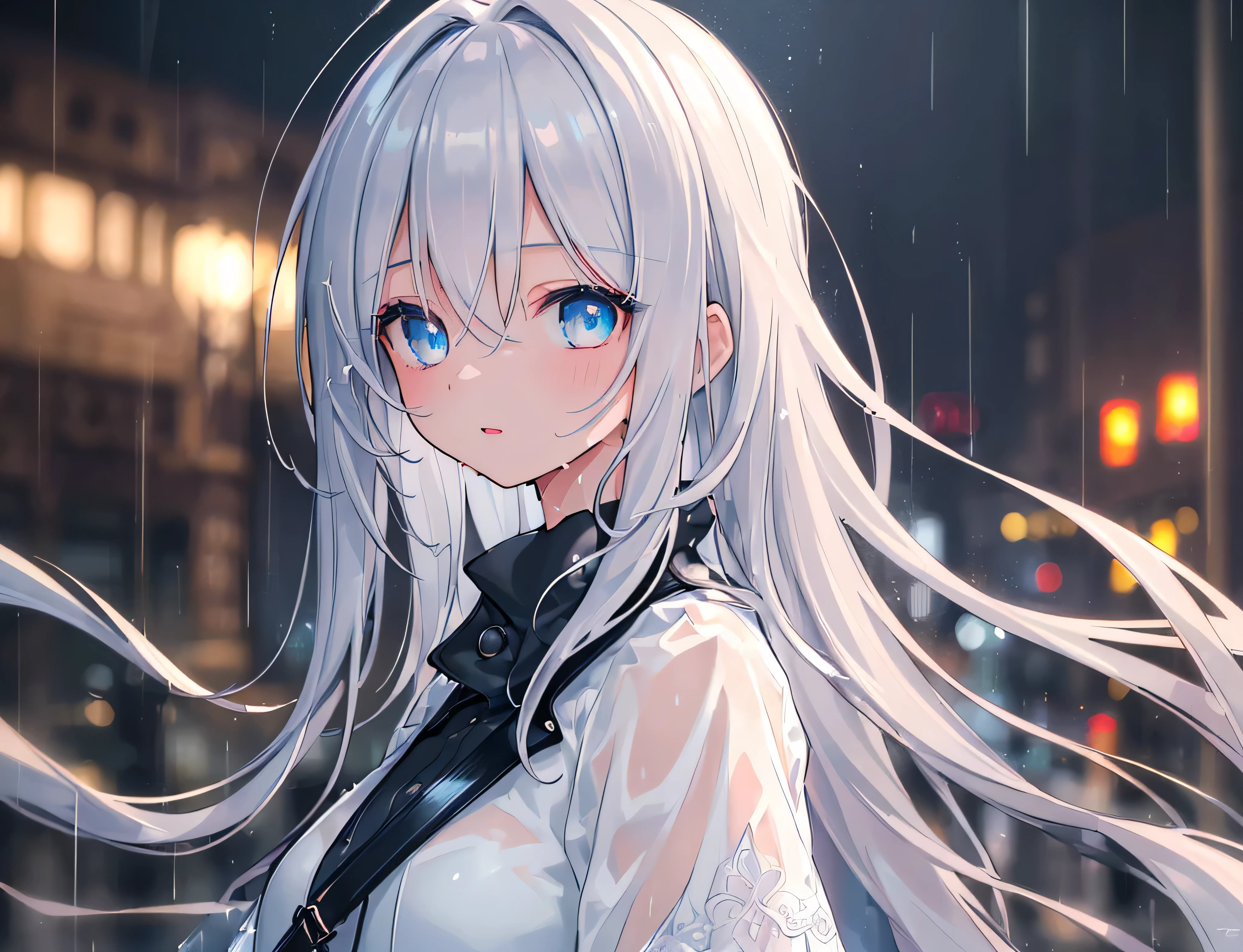 (masterpiece:1.21), (best quality:1.331), ((ultra-detailed)), ((extremely best illustration)), ((amazing)), (hyper quality), Gorgeous and rich graphics,
(extremely delicate and beautiful:1.21), 8k, wallpaper, (extremely beautiful lighting), hard light, delicate composition, (perfect conposition), (extremely beautiful and detailed background:1.21), rembrandt style expression of light and shadow, dark tone, (low-key and high-variance colorscale), ((depth of field)), deep shadow,
dynamic angle, from side, upper body, radial blur,
rain, (city lights, blurry background),
(1girl),(beautiful detailed eyes), clear blue eyes, long and silver french braid hair,
fatigues,
transparent raincoat, wet clothes and wet skin and dripping wet hair,
lens flare, string lights, street,, masterpiece, best quality,