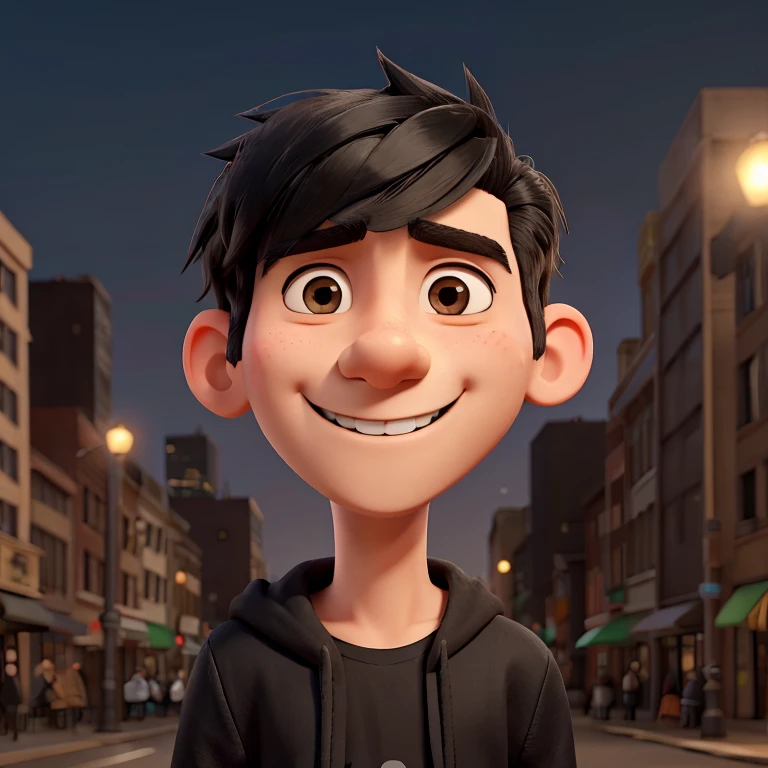 slanted eyes,male,short hair,black hair,smile,droopy eyebrows,big ears,black clothes,Urban background