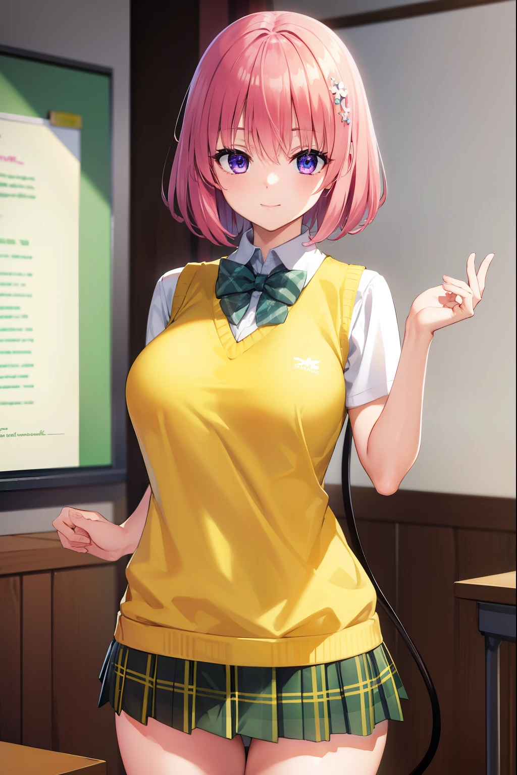 momodevilluke, momo deviluke, demon tail, hair flower, hair ornament, (purple eyes:1.1), pink hair, short hair, tail, smile,
BREAK demon tail, green skirt, plaid, plaid skirt, sainan high school uniform, school uniform, skirt, sweater vest, thighhighs, (yellow sweater:1.5), short sleeves, bow, green bow,
BREAK indoors, classroom,
BREAK looking at viewer, (cowboy shot:1.5),
BREAK (masterpiece:1.2), best quality, high resolution, unity 8k wallpaper, (illustration:0.8), (beautiful detailed eyes:1.6), extremely detailed face, perfect lighting, extremely detailed CG, (perfect hands, perfect anatomy),