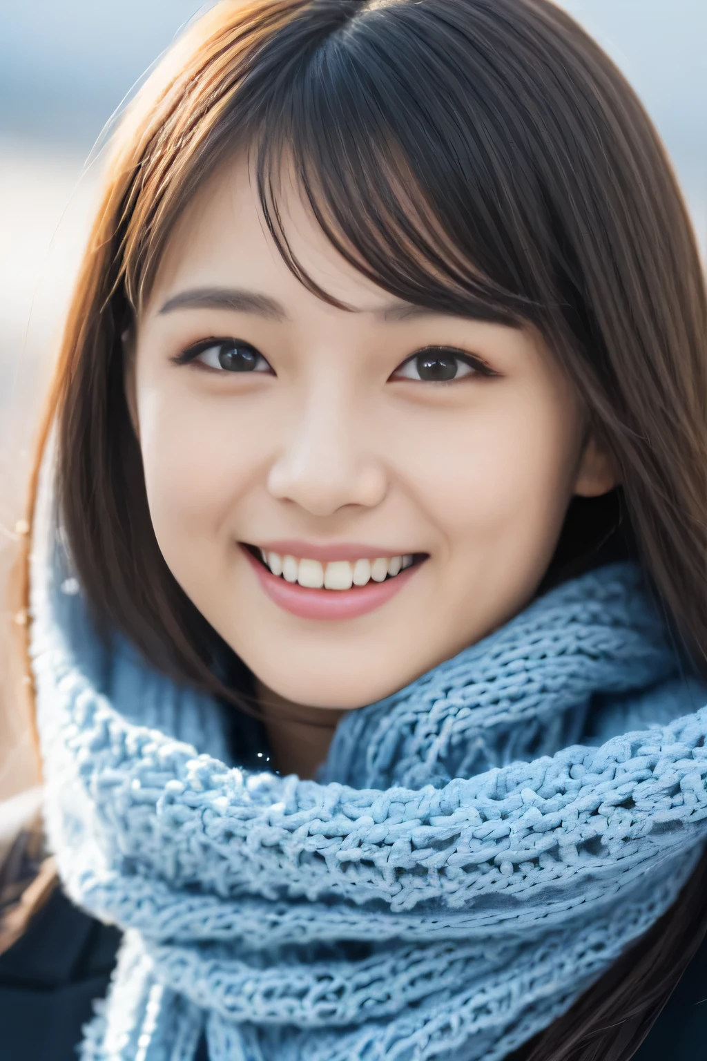 ((Show only the face、close up of face、no makeup))、(realistic、Photoreal、Super detailed、best detailed skins、highest quality、masterpiece、ultra high resolution)、cute japanese woman、17 years old、high school girl、young girl、1 girl、have bangs、double eyelid、drooling eyes、big black eyes、Japanese style face、smile、Charm、purity、clean face、double teeth、watch here、realistic肌タイプ、thick muffler、Grey muffler、fluffy hair、((hair is inside the scarf:1.3))、red cheeks、the wind is blowing、that'It's snowing、illumination、Light is coming in from behind