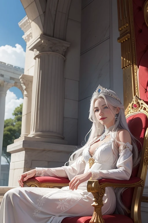 White goddess blue eyes in human shape、beautiful body of a flower of a very attractive age with white lower hair,,,,,,,Wearing a red dress,Smiling inside a magnificent palace made of white stone,Looking back in front of the throne, sitting in the throne, crossing legs with long dress
