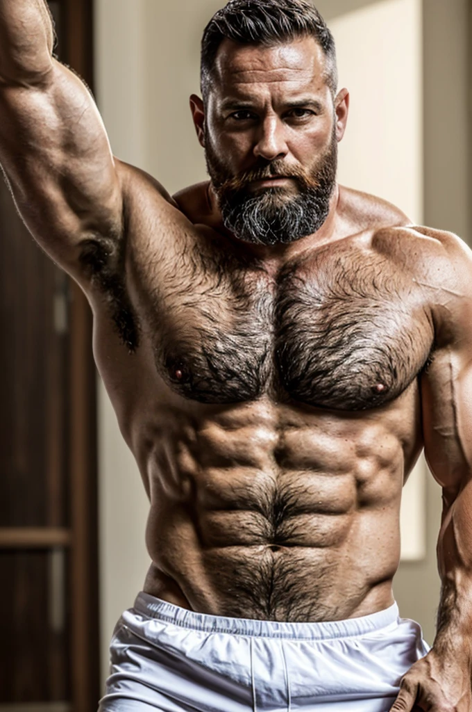 A muscular 40-year-old man portrait, wearing a white T-shirt and being naked, provocative, (best quality, 4k, highres, masterpiece:1.2), ultra-detailed, (realistic, photorealistic:1.37), strong body structure, defined muscles, intense gaze, rugged features, sculpted abs, dramatic lighting, seductive pose, vibrant colors, hiperrealism, 8k, bearded, Masculine.