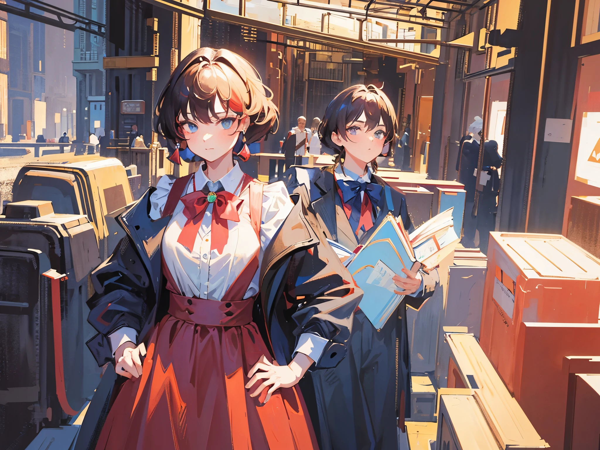 masterpiece, twain, girl, standing side by side, missimilar hairstyle, missimilar eyes color, missimilar outfit,