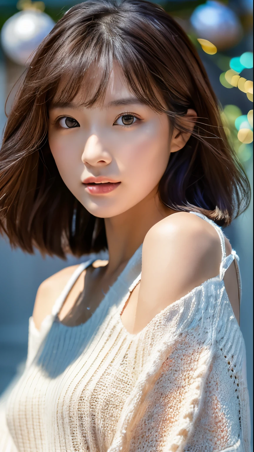 (highest quality、8K、32K、masterpiece、nffsw:1.2)、photo of cute japanese woman、medium breasts、(wolf cut)、(Semi-long dark brown hair),full body shot、surface focus、((High-neck sweater with exposed shoulders))、necklace、From above、looking at the viewer、very delicate face, skin and hair,muscular,Slender,High Style,High level image quality、The background is the city、gentle eyes、((dynamic shadow))((The background is a holiday city))