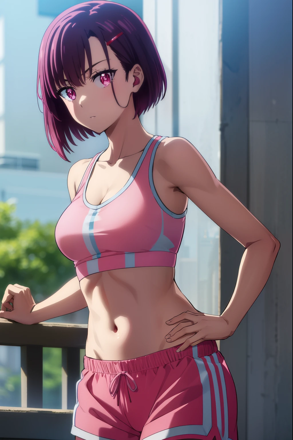 shizukamikazuki, shizuka mikazuki, short hair, purple hair, hair ornament, hairclip, (pink eyes:1.5), swept bangs,
BREAK navel, sports bra, sportswear, shorts, pink shorts,
BREAK looking at viewer,
BREAK outdoors,
BREAK (masterpiece:1.2), best quality, high resolution, unity 8k wallpaper, (illustration:0.8), (beautiful detailed eyes:1.6), extremely detailed face, perfect lighting, extremely detailed CG, (perfect hands, perfect anatomy),