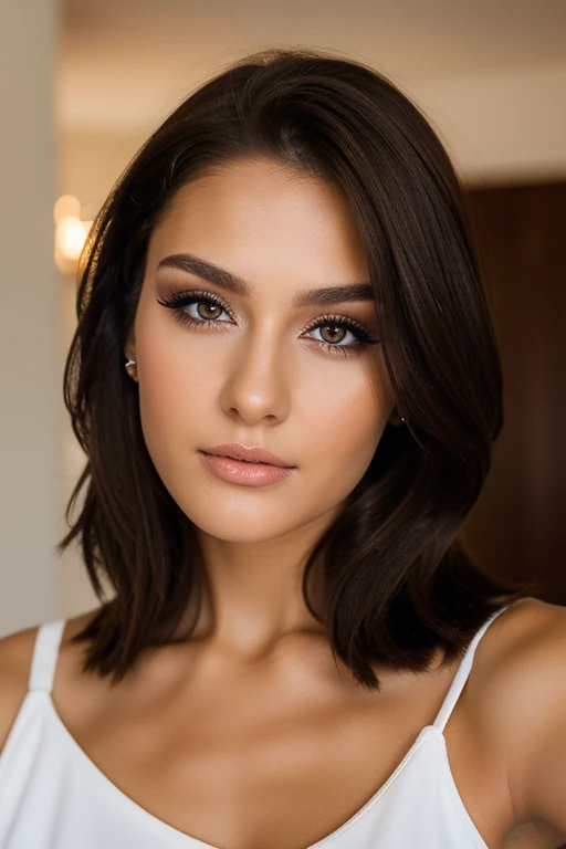 21year old, brunette hair, close up, face, lite make up, portrait position,
