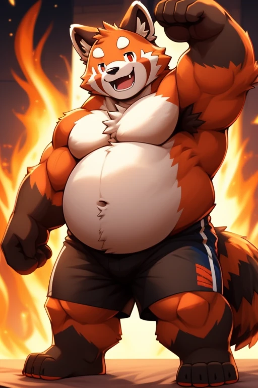 Hoota,boy,cub,Species is red panda,with black feet,Black hands,orange-red calves,orange-red thighs,orange-red arms,The belly is white,Orange-red meat pads,The body has flame-shaped patterns,The body is rounder and fatter,shorts,4 fingers,4 toes,Rounded belly,No sagging belly,Chest muscles are stronger than average people,The limbs are strong and have unobvious muscle lines,Black and red striped tail,Happy smiley face,lying down,Lying on white sheets、Flattery