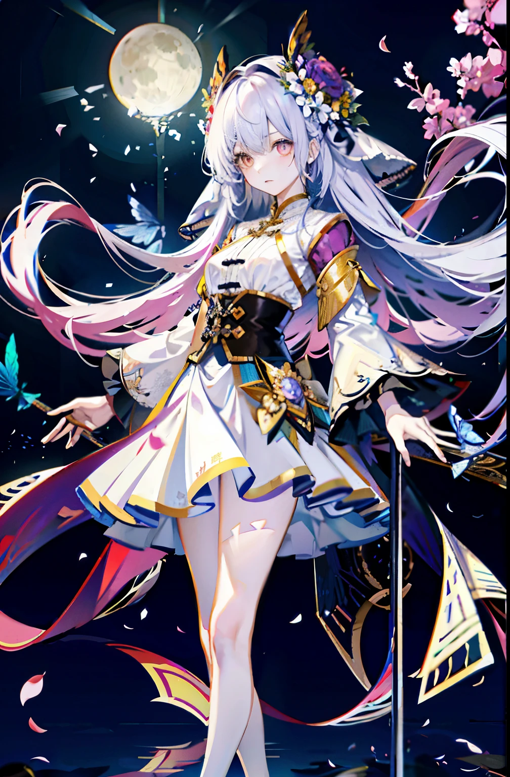 (best quality,8k wallpaper,Detailed background,High resolution,absurd,full bloom,messy hair,shinny hair,exposure to light,bright pupils),1 girl,Focus on the legs,receiver,long whitr hair,silber hair,big_chest,action_Pause,standing on one's own feet,,spotlight light,glass ceiling,Shen He(original god),hair_ornament,hairは複数の目です,designer dresses,Dutch_angle,Upper body,moon,water is rippling,