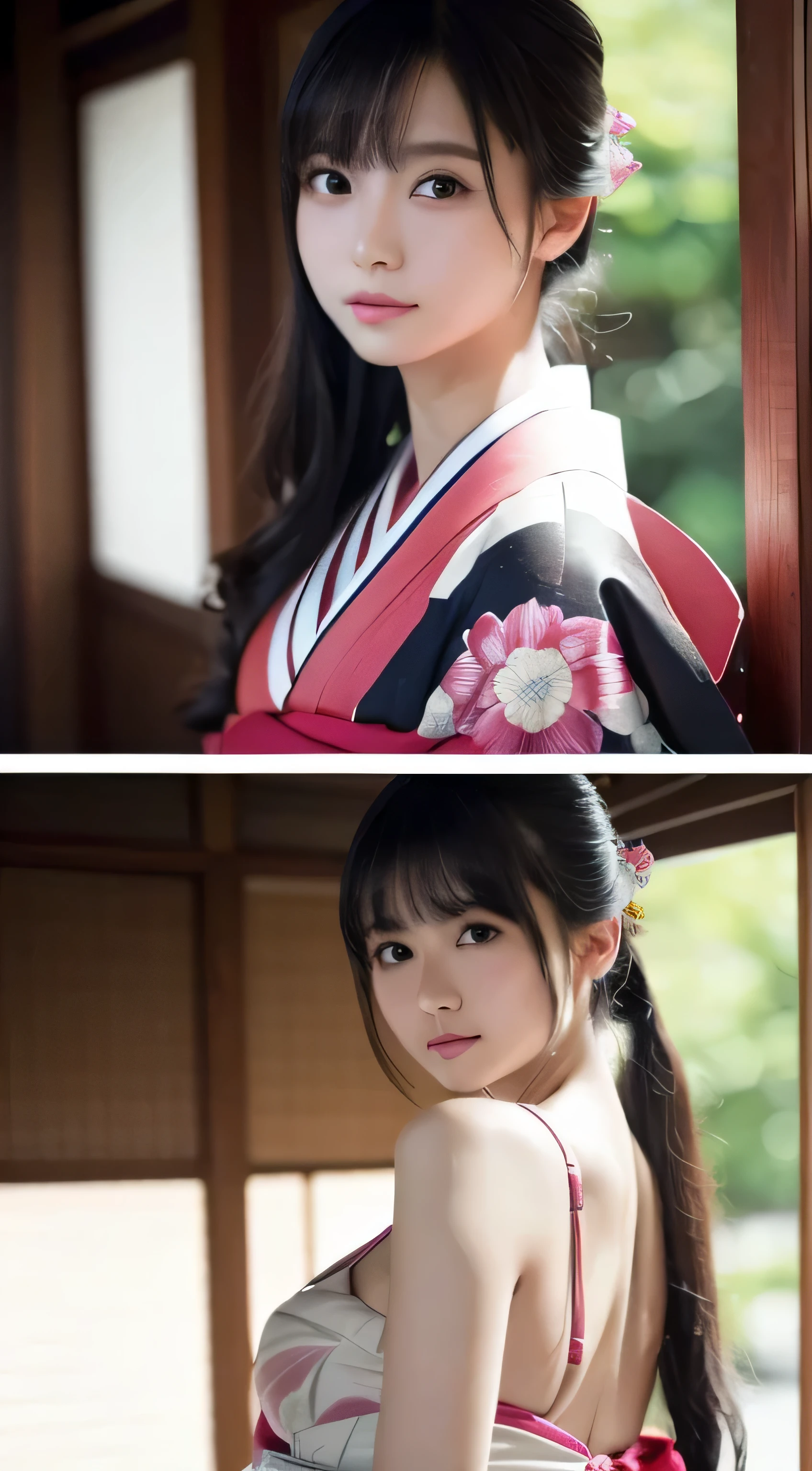 (kimono)、((15 years old))、random pose、(highest quality,masterpiece:1.3,ultra high resolution,),(Super detailed,caustics),(realistic:1.4,RAW shooting,)ultra-realistic capture,very detailed,High resolution 16K close-up of human skin、 Natural skin texture、、Skin tone looks even and healthy、 Use natural light and color,1 girl,Japanese,,hip line, cute,black hair,medium hair,,smile,,(written boundary depth、chromatic aberration、、wide range of lighting、natural shading、)、Please pay attention to your butt,