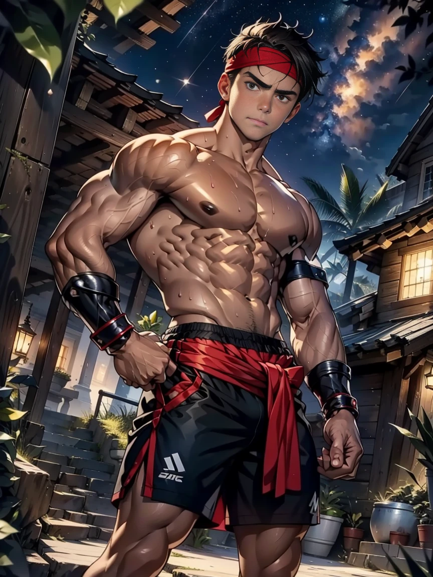 (Masterpiece, Best quality, 18 year old boy, 8k, ultra-detailed), (soulful eyes), (1 boy, solo), Young, (teenager), (Dark Short straight hair, under cut, brown eyes), Shirtless, topless, (Red headband, black shorts, black boot sandals, ((gauntlet))), (Depth of field:1.2), (Abs, chest, upper arms), (topless male), man with martial arts stance, athretic body, sweat, (Starry night), epic muay-thai pose