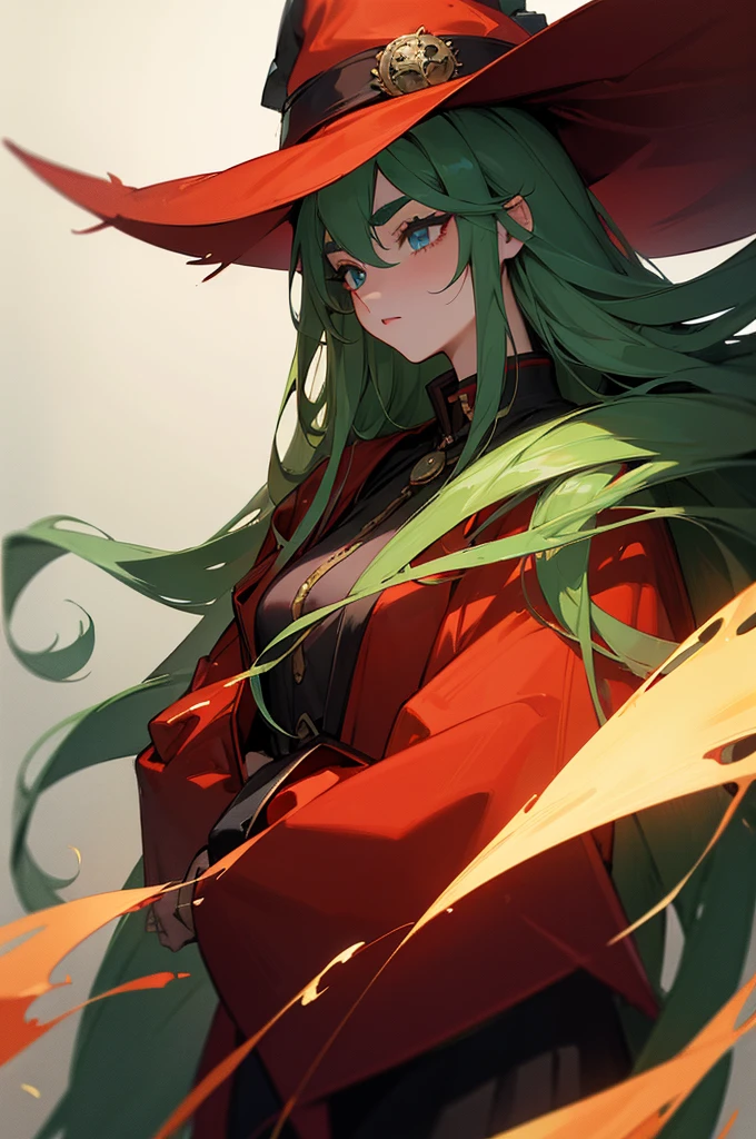 (highest quality, masterpiece:1.2), High resolution, Super detailed, realistic:1.37, fantasy, illustration red hat、red long leather coat、long hair、Deep green hair、26 years old、fantasy、eyes are long、long eyelashes、highest quality、masterpiece、eyes are deep green、Tsundere、Beautiful woman、Correctly contour the eyes、Fire Witch、Best eyes、thick eyebrows、straighten your fingers、Balance your eyes、Pupils are black、highlight on eyes