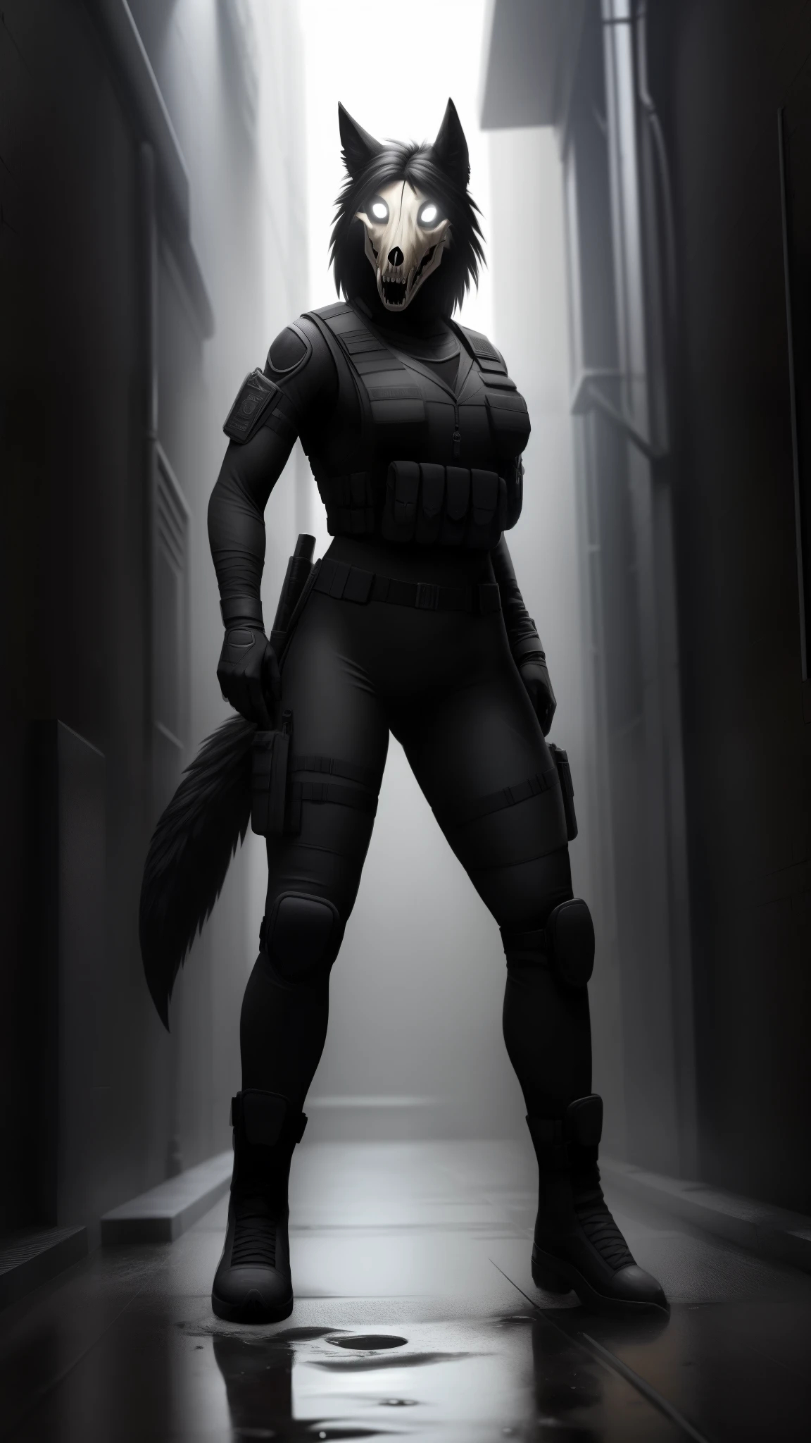 Anthro, femenine body shape, femenine face, black short furry hair, (black furry body), ((mal0 SCP skullwolf)),, orange tight nylon tactical uniform, tactical vest (pouches), thighs, swift tail, posing seductively,(sexy asassin), run down underground tile  hallway (trash and puddles) , tactical,, happy, (highly detailed character), realistic reflection, realistic bone texture, realistic fabric look, realistic lighting. Flourecant lights