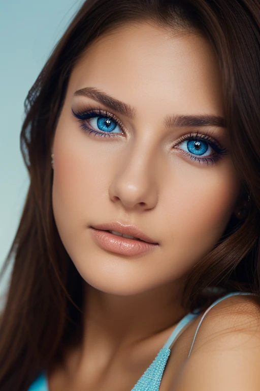 21year old, brunette hair, close up, face, lite make up, portrait position, light blue eyes, 