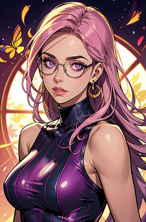 Comic Art Style,(masterpiece, best quality, ultra-detailed, highres, best illustration),perfect face, ((solo, solo focus)),sidelighting,, epic, illustration, render, volumetric lighting, welcoming, see-through gossamer, lustrous skin,(bloom), (shine), 1girl, solo, long hair, looking at viewer,  bare shoulders, jewelry, purple eyes, upper body, pink hair, earrings, glasses, sleeveless, lips, turtleneck, round eyewear, specular highlights,