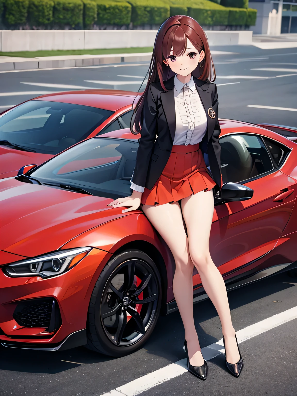 (1) A woman is getting out of the driver's seat of a red luxury sports car.. from a sitting position, she opens the door and puts one foot out. when she does, her red panties are almost visible.
(2) That woman has long brown hair..
(3) That woman is the president of the company、wearing expensive clothes。, A set-up suit with a flashy skirt and jacket of the same color and a frilled shirt as an inner layer..
(4) she is smiling.
(5) The location is an underground parking lot of a luxury condominium..