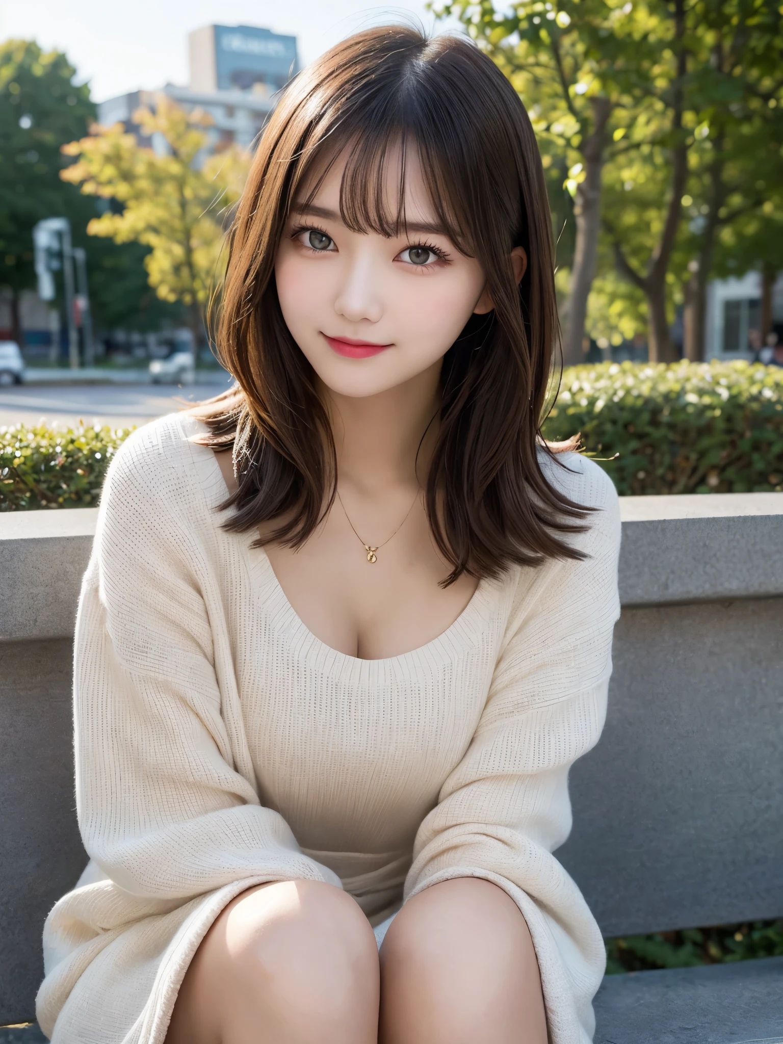 table top, highest quality, figure, super detailed, finely, High resolution, 8k wallpaper, 完璧なダイナミックな構figure, beautiful and fine eyes, winter dress,medium hair, park bench、small breasts, natural color lip,smile,big city、20 year old girl、midnight、beautiful and detailed face、perfect and beautiful face、slim face and style,spread your arms wide,Big eyes,Take a photo from below the knees at a face angle