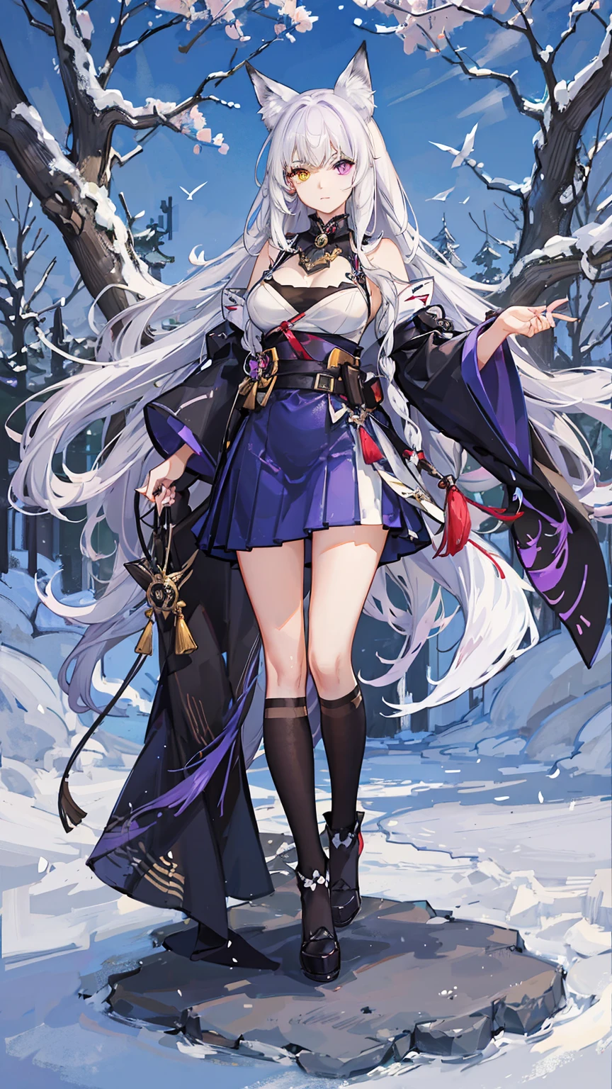 Sfw,1girl,solo,female photo,(heterochromia,purple eye,yellow eye),((with white fox)),big breasts,beautiful face, navy long hair, shrine maiden outfit,red skirt,mysterious mood,in the night,moolight,best quality, high quality, masterpiece, HD,4K,8K 