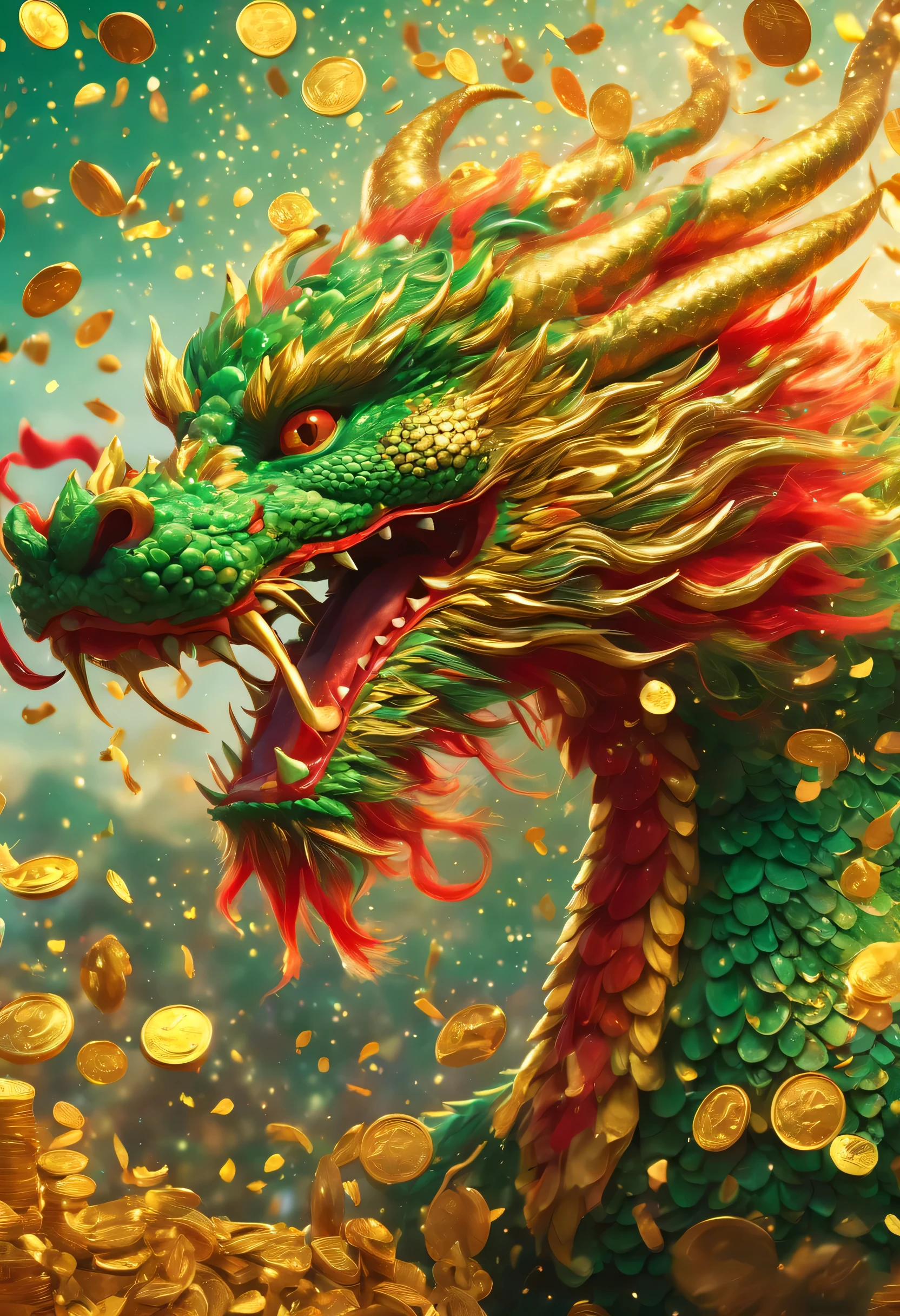 Oriental dragon close-up，big furry head，hairy body，sharp claws，green，color。There are many gold coins in the air，Red and gold confetti flying in the sky，Gold coin rain，A strong festive atmosphere，It was very lively。symmetry