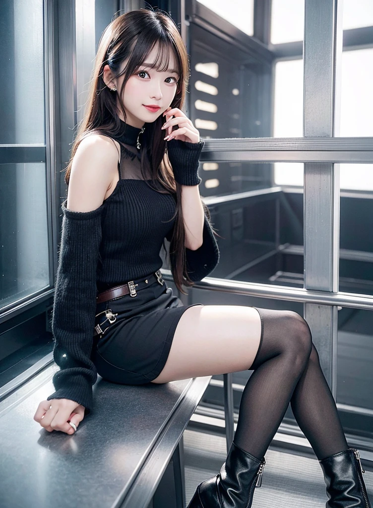(8K, RAW photo:1.2)detailed face and eyes,highest quality, ultra high resolution, very detailed ,intricate details ,pieces fly ,pretty girl, soft light like a movie, hyper detail,sharp focus on breasts, (beautiful black hair), (long hair), (white knit off shoulder)、⦅mini skirt⦆、(sitting)(black long boots)(two arms and two legs)(slightly open legs)
