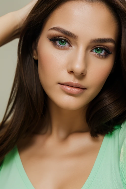 21year old, brunette hair, close up, face, lite make up, portrait position, light green eyes, 